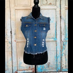 Kaitlyn Women's Studded Distressed Blue Denim Jeans Vest Size S/M